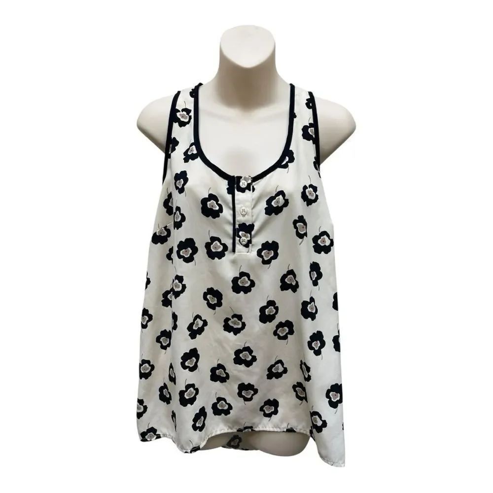 Pleione Anthropologie Floral Sleeveless Top Sz M Cream Black Racerback Feminine